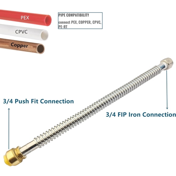 YNTVV-EZ-Fluid 12-Inch, 3/4 Push-Fit x 3/4" FIP x 12" Push Fit Corrugated Flexible Stainless Steel Water Heater Connector Supply Line shark bite type for Water Pipes Fitting (1)