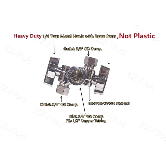 YNTVV-EZ-Fluid 5/8" Comp O.D X 3/8" Comp X 3/8" Comp 1/4 Turn Double Metal Two Handles Dual Outlet Brass Angle Stop Valve Water Shut Off Ball Valve For Water Pipes LF,Faucet Toilet,Dishwasher,Filter(
