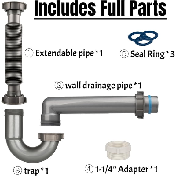 YNTVV-Expandable and Flexible P-Trap, 1-1/2" Sink Drain Pipe Kit, Wall Drain, For Kitchen Sink