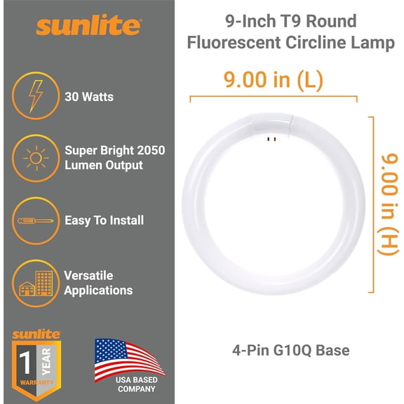 YNTVV-FCL30/30K T9 Round Fluorescent Circline Lamp, 30 Watts, 2050 Lumens, 3000K Warm White, RoHS Compliant, G10Q 4-Pin Base, 1 Pack
