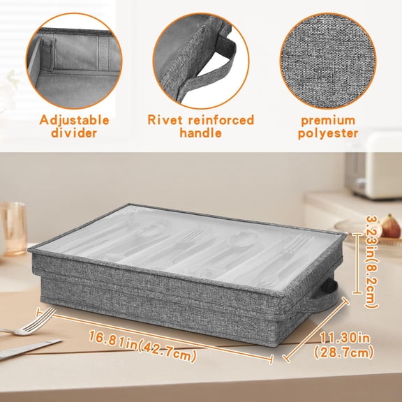 YNTVV-Flatware Utensil Storage Case, Silverware Storage Box with 4 Adjustable Dividers and Removable Lid, Cutlery Case Utensil with 5 Compartment Storage for Spoon Fork Knives Tableware (Gray)