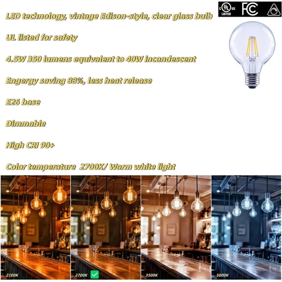 YNTVV-G25 LED Globe Light Bulbs, Dimmable 40W Equivalent CRI 90+, E26 Base, Warm White 2700K, Edison Vanity Light Bulbs for Bedroom, Kitchen, Vanity, Mirror Vintage, Round Clear Glass, 6 Pack