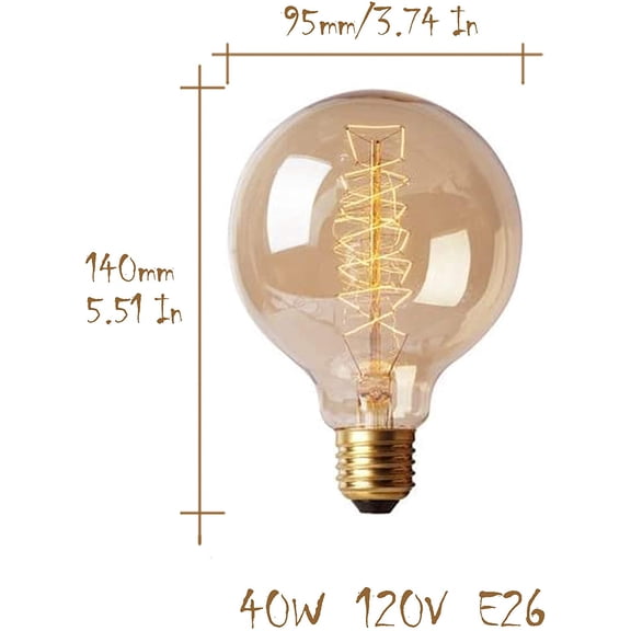 YNTVV-G30 Edison Globe Bulbs (2 Pack)- G95 E27 Antique Incandescent Bulb 40W Equivalent Warm White Lamps,Spiral Tungsten,for Loft Coffee Bar Restaurant Kitchen Lights