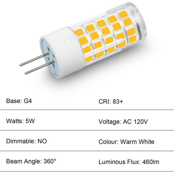 YNTVV-G4 LED Bulbs 120V G4 Bi-Pin Base Light Bulbs 120V 5W Warm White 3000k Equivalent to 40W Halogen for Under-Cabinet Ceiling Table Puck Lights (Pack of 5)