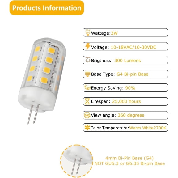 YNTVV-G4 Led Bulb 12V 3W, T3 JC Type Bi-Pin Base, Warm White 2700K Equivalent to 30W Halogen Bulb, G4 Landscape Light Bulb for Outdoor Landscape Lighting, Non-Dimmable, Pack of 6