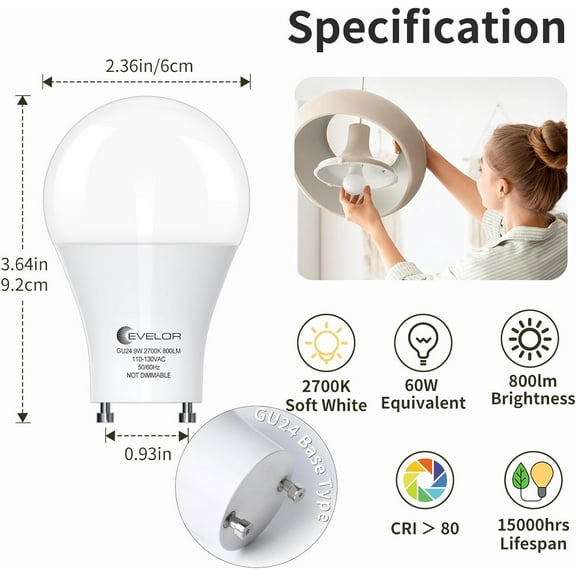 YNTVV-GU24 LED Light Bulb,60 Watt Equivalent Soft White 2700K,Non-Dimmable,Efficient 9W,800 Lumens Twist and Lock 2 Prong Light Bulbs,15000 Hours,Ideal for Kitchen,Living Room,Bedroom,12-Packs