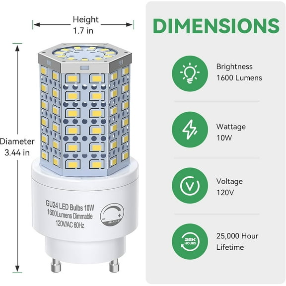 YNTVV-GU24 LED Light Bulb Dimmable 10W,5000K Daylight,1600 Lumens(100W Equivalent),Replace CFL Twist-in 2 Prong Light Bulb (4-Pack)