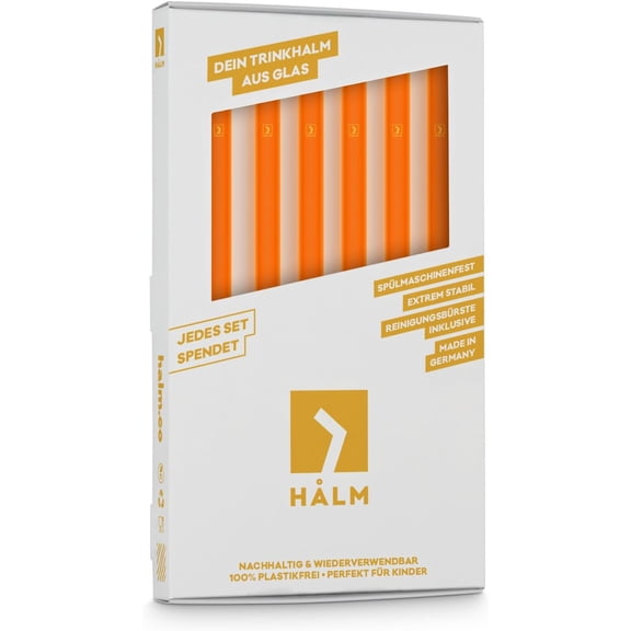 YNTVV-Halm Glass Straws Neon Orange - 6x Reusable 8 inch Drinking Straws + Plastic-Free Cleaning Brush - Made in Germany - Dishwasher Safe - Glow in the Dark Party Accessories
