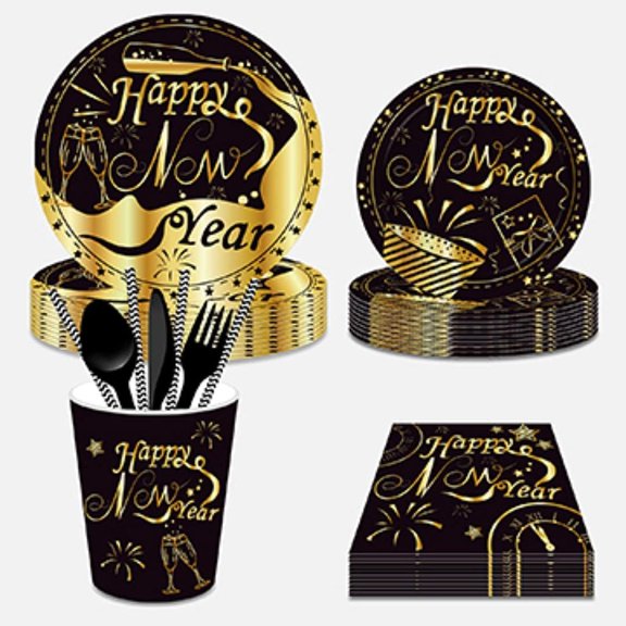 YNTVV-Happy New Year Disposable Tableware Set, 141 Pcs Happy New Year Party Supplies 2025 Include New Years Eve Party Plates And Napkins, Cups, Spoons, Knife Fork Spoon for 2025 New Year Eve Dinner S