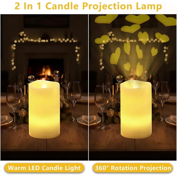 YNTVV-Heart Flameless Candles Projector, Valentine's Day LED Pillar Candles with Remote and Timer, Battery Operated Romantic Projection Light for Wedding Home Decor, Gifts for Women (Love-White)