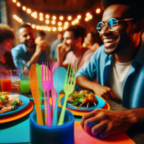 YNTVV-Heavy-Duty Hard Plastic Cutlery Combo Pack, 192 Pieces/64 Place Settings, Assorted Neon Brights