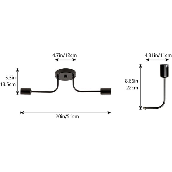 YNTVV-Industrial Semi Flush Mount Ceiling 2 Light with Adjustable Metal Branched Vintage Ceiling Light E26 Holder Black Painted for Kitchen Living Room Dining Room Bedroom Black(Bulb NOT Included)