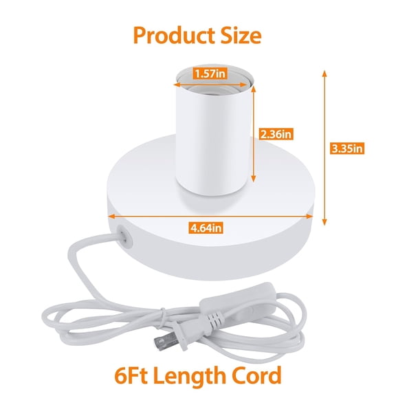 YNTVV-Industrial Table Lamp Base 2pcs, E26 Socket with Extension Cord, Polished Metal Desktop Plug in Light Socket for E26/E27 Bulb with 6 Feet Cord and On/Off Switch Plug, Light Base White