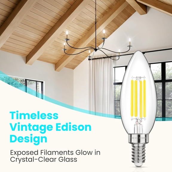 YNTVV-LED E12 Candelabra Light Bulbs 40W Equivalent, 4W B11 Candle Base Bulbs, Daylight White 5000K Chandelier Bulb, 500LM Clear Glass Filament Type B Bulb Non-Dimmable, 10 Pack