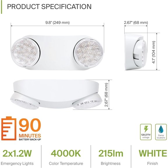 YNTVV-LED Emergency Lights with Battery Backup - 120-277V UL 2.5W Two Round Head Adjustable for Business, Commercial Hardwired Damp Location Emergency Exit Power Outage Lights