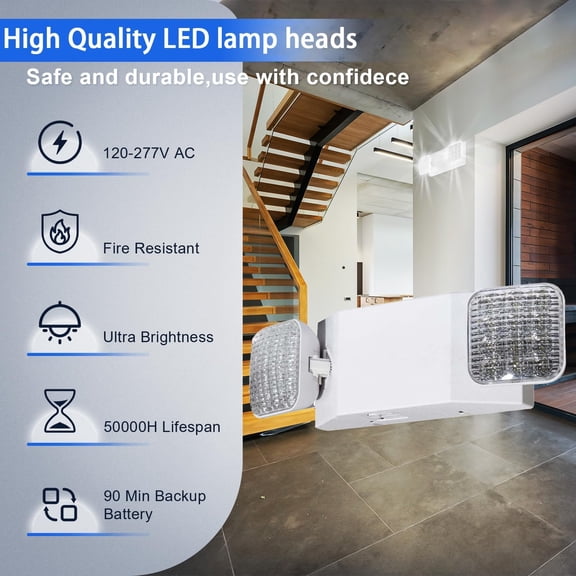 YNTVV-LED Emergency Lights with Battery Backup, Two LED Head Adjustable Commercial Emergency Lights, AC 120/277V, UL 924 Certified, Hardwired Emergency Exit Lighting Fixture for Business (1-Pack)