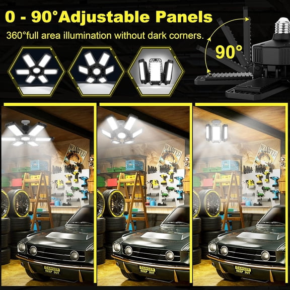 YNTVV-LED Garage Lights 185W, 1 Pack 18500LM Bright Shop Light with 6+1 Deformable Panels, 6500K Daylight Garage Ceiling Light Screw in E26/E27 Bulb Bay Lighting for Workshop Basement Barn Attic
