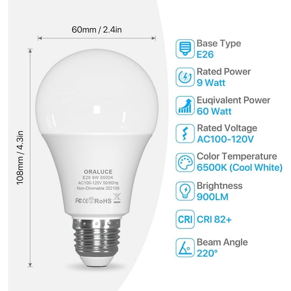 YNTVV-LED Light Bulb, A19 9W Lightbulbs, 60 Watt Equivalent, 120V 900LM, 6500K Cool White, E26 Medium Base, Non Dimmable, Energy Efficient, UL Listed, 6 Pack