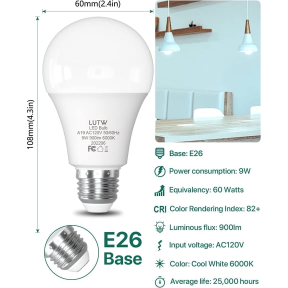 YNTVV-LED Light Bulbs 60 Watts Equivalent, 900 Lumen Standard LED Bulb, 9W E26 Base Cool White 6000K Non-Dimmable, Perfect for Bedroom and Living Room Lighting, 6 Pack