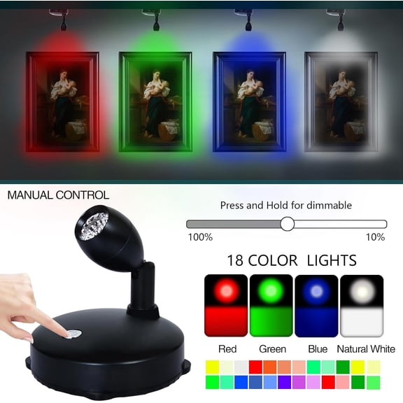 YNTVV-LED Spotlight, Battery Powered Picture Lights, Uplighting Indoor, Puck Lights with Remote, Color Changing Small Spotlights, Picture Light for Wall Display Dartboard Painting-RGB