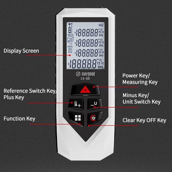 YNTVV-Laser Distance Meter 196ft Digital Laser Measuring Tool with LCD Backlit Display, Pythagorean Mode, Area & Volume Calculation, 2mm Accuracy, Class II, Electronic Tape Measure for DIY and Const