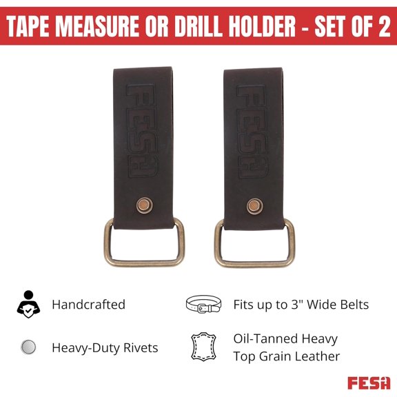 YNTVV-Leather Tape Measure Holder - Set of 2 - Leather Measuring Tape or Drill Holder for Tool Belt with Steel Clip & Reinforced Heavy Duty Rivets - Fits Belts up to 3" - Handcrafted