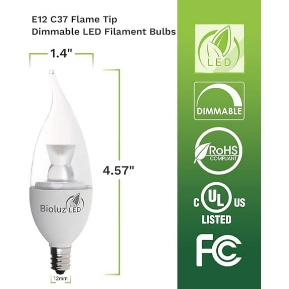 YNTVV-Light Bulb 40W Candelabra LED Bulbs w/Flame Tip, Dimmable12 Base Candle Light Bulbs 2700K Warm White LED Light Bulb for Indoor/Outdoor Use FCC and UL Listed 6 Pack