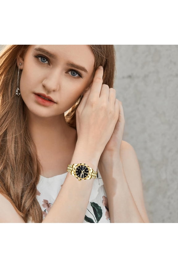 -Luxury Men's and Women's Business Diamond Stainless Steel Waterproof Roman Numeral Analog Quartz Watch with Day-Date Calendar, Gold and Silver Tone