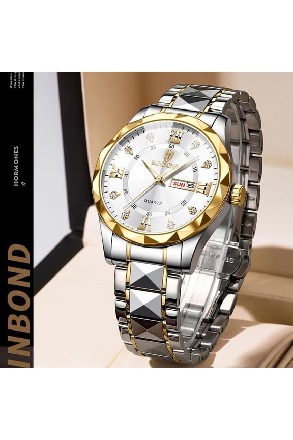 -Luxury Men's and Women's Business Diamond Stainless Steel Waterproof Roman Numeral Analog Quartz Watch with Day-Date Calendar, Gold and Silver Tone