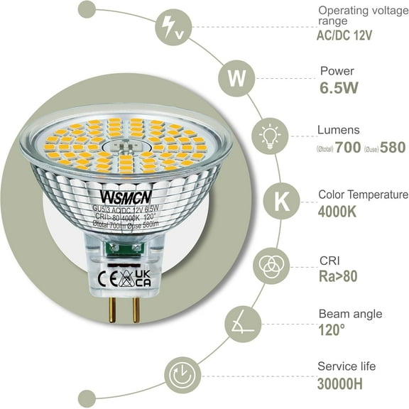 YNTVV-MR16 GU5.3 LED Bulbs, 6.5W Neutral White 4000K Light Bulbs, 60W Halogen Bulb Equivalent, AC/DC12V Low Voltage Bulb, 700lm Spotlight Bulbs, Non-dimmable, 120 Beam Angle, Pack of 6