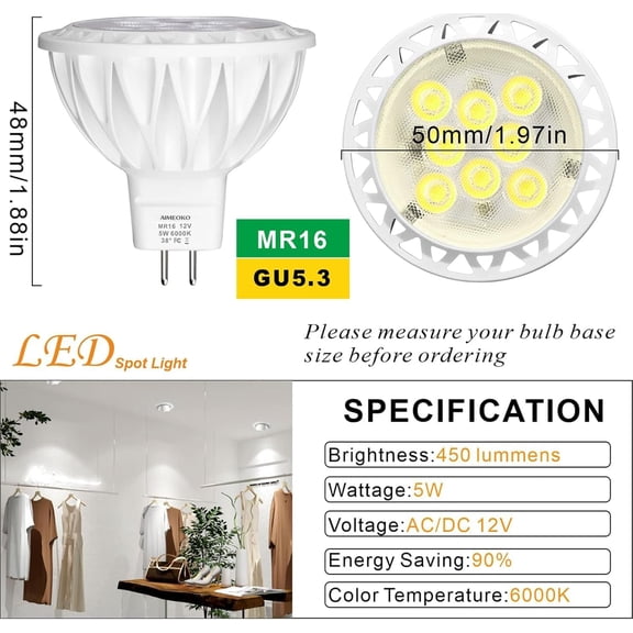 YNTVV-MR16 LED Bulb Light Bulbs 6 Pack, 50W Halogen Equivalent GU5.3 Base 12V Spotlight 38 Deg 450Lm for Landscape Recessed Track Lighting Ceiling Indoor Outdoor (5W 6000K Daylight White)