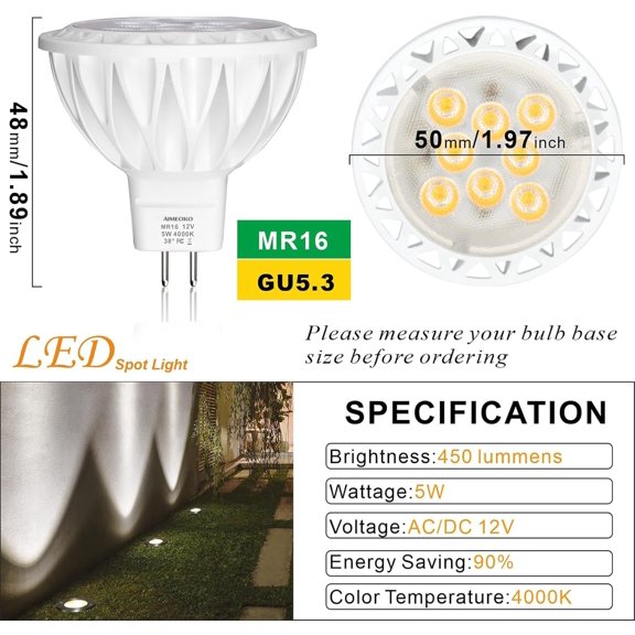 YNTVV-MR16 LED Bulb Light Bulbs 6 Pack, 5W (50W Halogen Equivalent) 4000K Natural Light GU5.3 Base 12V Spotlight 38 Deg 450Lm for Landscape Recessed Track Lighting Ceiling Indoor Outdoor