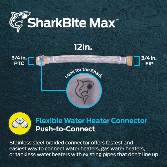 YNTVV-Max 3/4 Inch x 3/4 Inch FIP x 12 Inch Stainless Steel Braided Flexible Water Heater Connector, Push to Connect Brass Plumbing Fitting, PEX Pipe, Copper, CPVC, PE-RT, HDPE, UR3088FX12