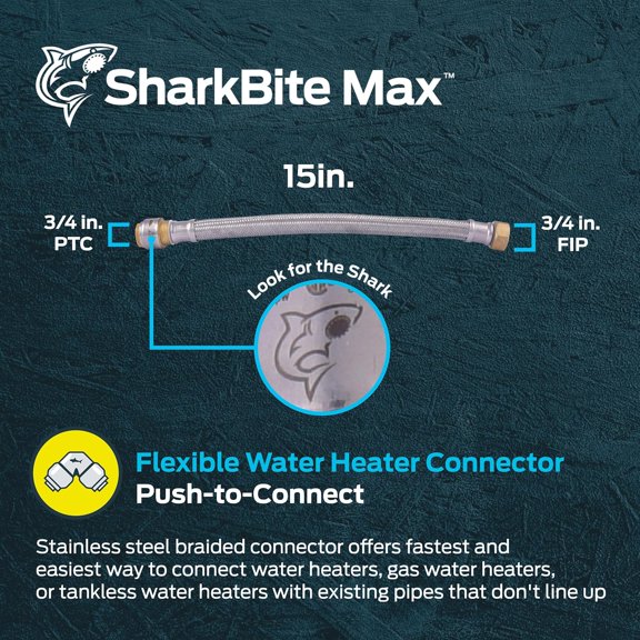 YNTVV-Max 3/4 Inch x 3/4 Inch FIP x 15 Inch Stainless Steel Braided Flexible Water Heater Connector, Push to Connect Brass Plumbing Fitting, PEX Pipe, Copper, CPVC, PE-RT, HDPE, UR3088FX15