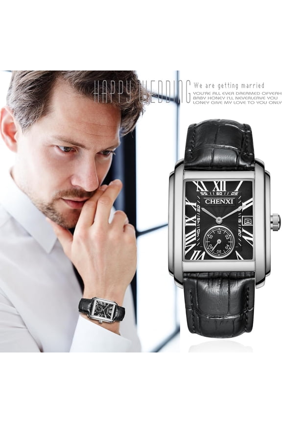 -Men's Watches Casual Retro Rectangular Waterproof Dress Analog Quartz Wrist Watch for Men Business Sports Gift Wristwatch Roman Numeral Leather Strap Watch with Auto Calendar Window