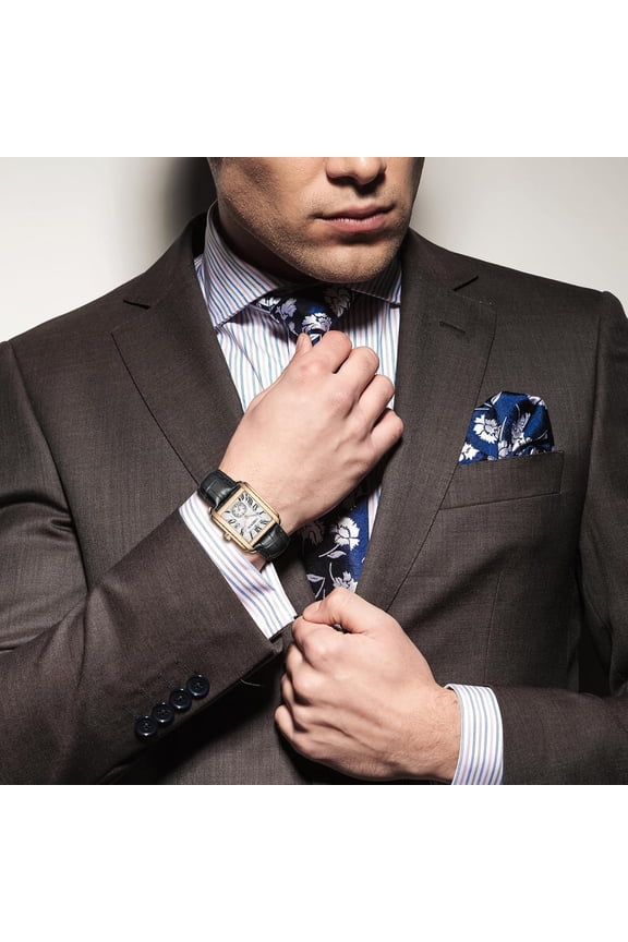 -Men's Watches Casual Retro Rectangular Waterproof Dress Analog Quartz Wrist Watch for Men Business Sports Gift Wristwatch Roman Numeral Leather Strap Watch with Auto Calendar Window