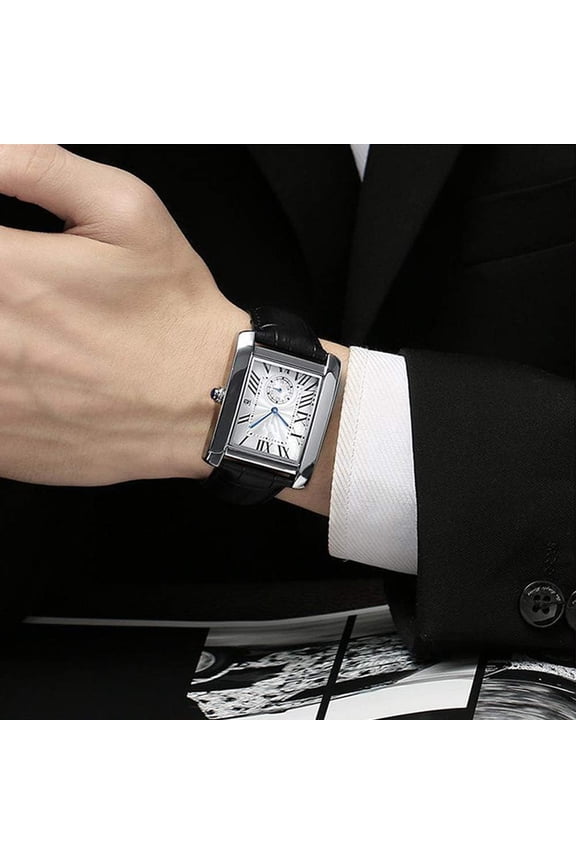 -Men's Watches Casual Retro Rectangular Waterproof Dress Analog Quartz Wrist Watch for Men Business Sports Gift Wristwatch Roman Numeral Leather Strap Watch with Auto Calendar Window