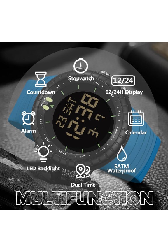 -Mens Digital Watch Tactical Waterproof Large Numbers Alarm Countdown Stopwatch Sports Minimalist Running Military Watches for Men Simple Electronic Wristwatch