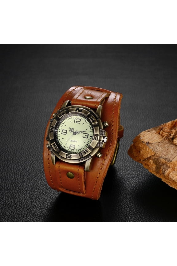 -Mens Steampunk Retro Genuine Leather Watch Military Quartz Hip-hop Gothic Wide Bracelet Cuff Big Dial Sport Wrist Watches Costume Watch Valentines Day