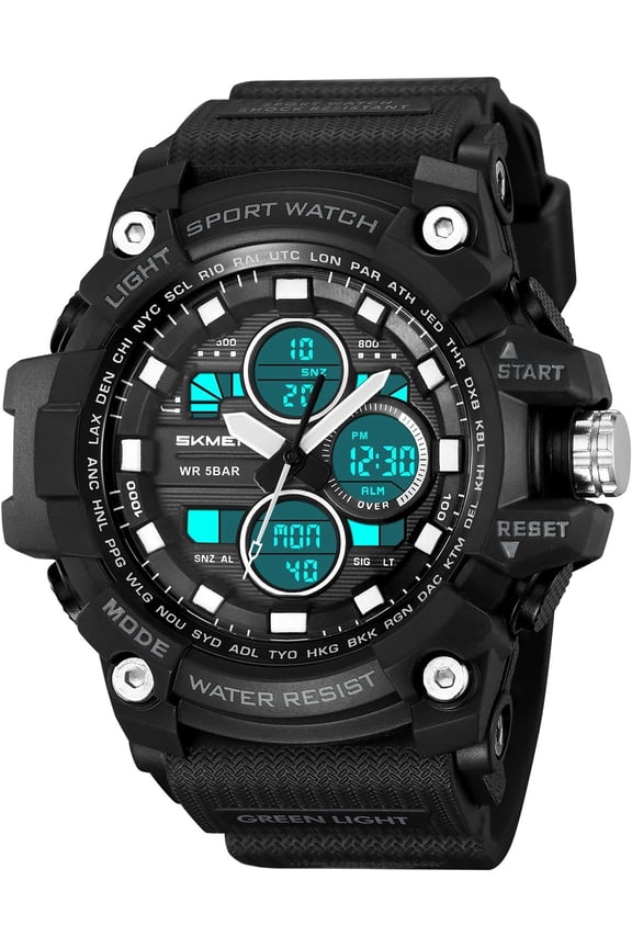 -Military Men's Sports Analog Quartz Watch Dual Display Alarm Digital Watches with LED Backlight
