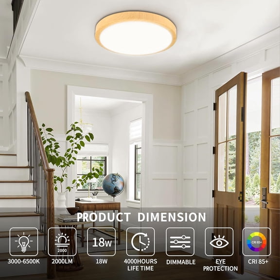 YNTVV-Modern Dimmable Wood Flush Mount Ceiling Light, 3500K-6500K 3CCT Round Close to Ceiling Lighting Fixtures, Minimalist LED Ceiling Lamp for Bedroom, Kitchen, Hallway, Laundry Room-8inch