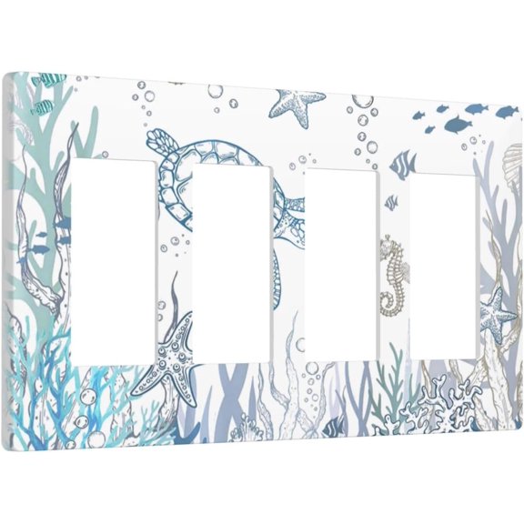 YNTVV-Nautical Turtle Starfish Shell Beach Seahorse 4 Gang Quad Rocker/GFCI/Decorator Light Switch Cover Plate Decorative Electric Faceplate Decorative Switchplate Screwless