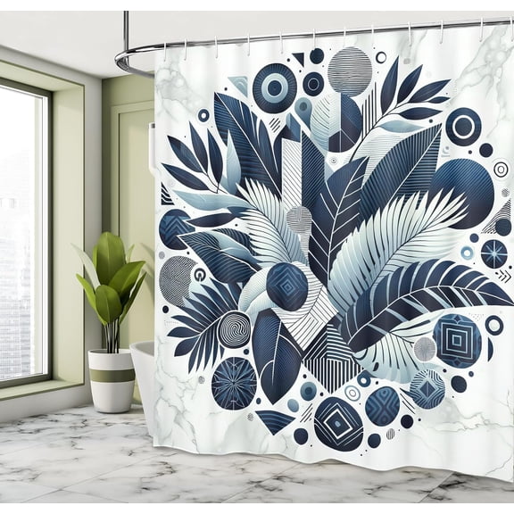 YNTVV-Navy Blue Shower Curtain, Exotic Leaves and Geometric Shapes Intricate Modern Abstract Art Print, Cloth Fabric Bathroom Decor Set with Hooks, 69" W x 70" L, Slate Blue Grey