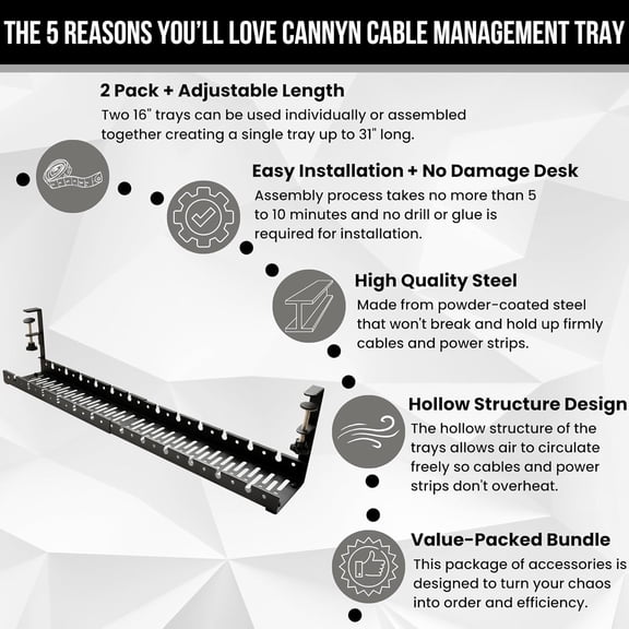 YNTVV-No Drill Under Desk Cable Management Tray - Extendable 16" to 31" Sturdy Steel Desk Cord Hider Raceway - Under Desk Cable Tray Holder with 38 Wire & Cable Rack Organizer Accessories - Black