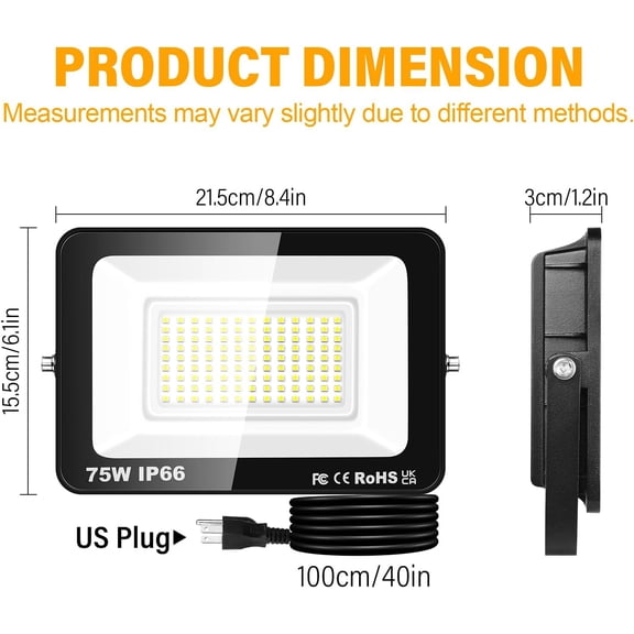 YNTVV-Outdoor LED Floodlights 75W 7500LM, Flood Lights with Plug, LED Security Lights 6000K Cold White Job Site Work Lamp IP66 Waterproof for Garden Garage Yard Lawn Court Workshop Patio