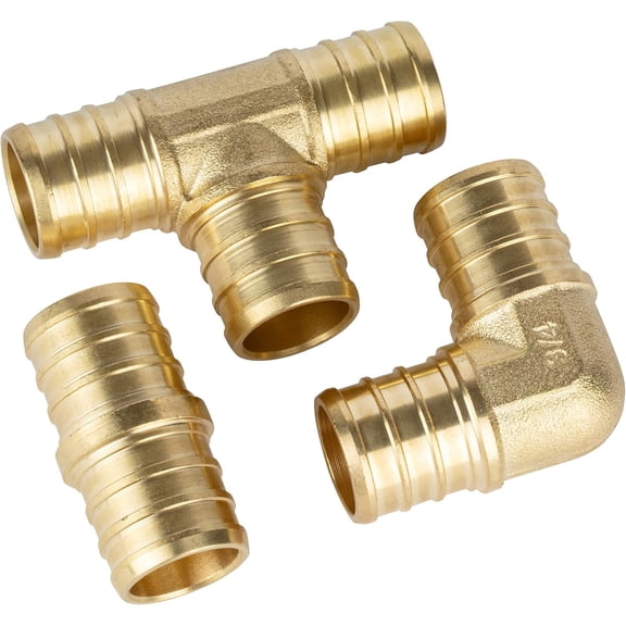 YNTVV-PEX Fittings, 10pcs 3/4 inch PEX Straight Coupling (4pcs) Degree Elbow (4pcs) PEX Tee (2pcs), Brass Barb Crimp Pipe Hose Fittings (Pack of 10)