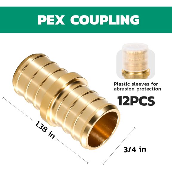 YNTVV-PEX Fittings 3/4 Inch, 12PCS Coupling Lead-Free Brass Connectors for PEX B Pipe, NSF UPC Certified, ASTM F1807, Compatible with Crimp/Clamp Rings (Hot/Cold Water, Hydronic Heating)