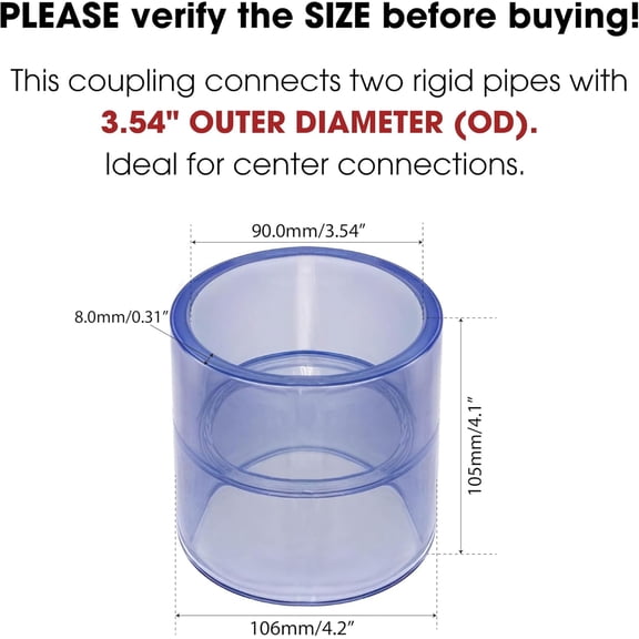 YNTVV-PVC Coupling for 3.54" OUTER DIAMETER Pipe Tubes, Socket Fittings Connectors for Schedule 40/80, Heavy Duty Slip Large Coupler Adapter Contractor for DIY Shelf Garden Support Structure, Clear T