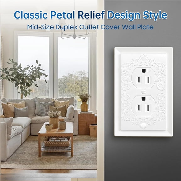 YNTVV-Petal Relief Design Classic Style White Modern Decorative Outlet Covers Wall Plates, Duplex Electric Receptacle Light Switch Cover, Mid-Size 4.9 x 3.1 inch(10-Pack Single Duplex)
