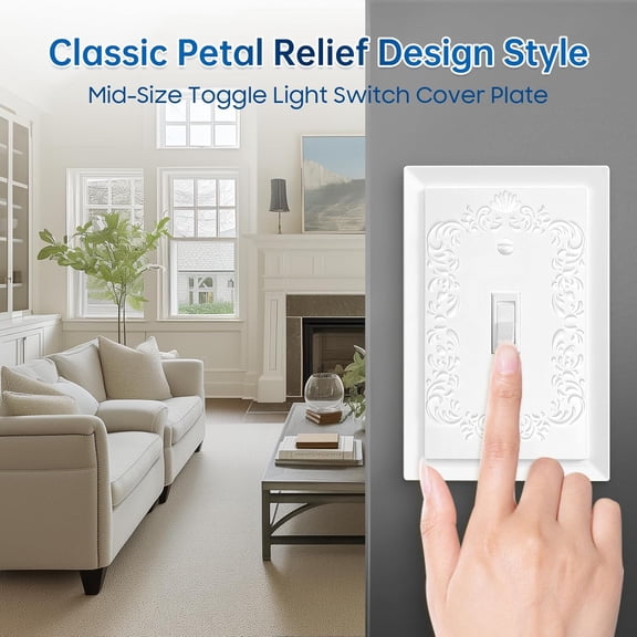YNTVV-Petal Relief Design Classic Style White Modern Decorative Outlet Covers Wall Plates, Toggle Electric Receptacle Light Switch Cover, Mid-Size 4.9 x 3.1 inch(10-Pack Single Toggle)